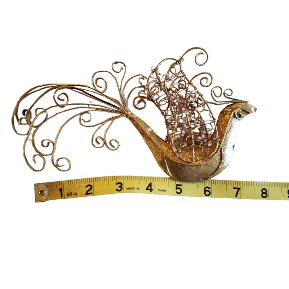 Handmade Gold Glitter Beaded Metal Peacock Ornament - Picture 5 of 6